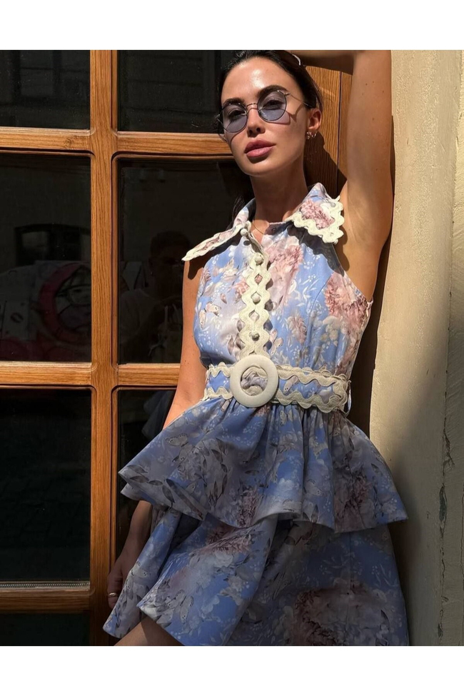Kadın Çiçek Desenli Halter Yaka Fırfırlı Mini Elbise