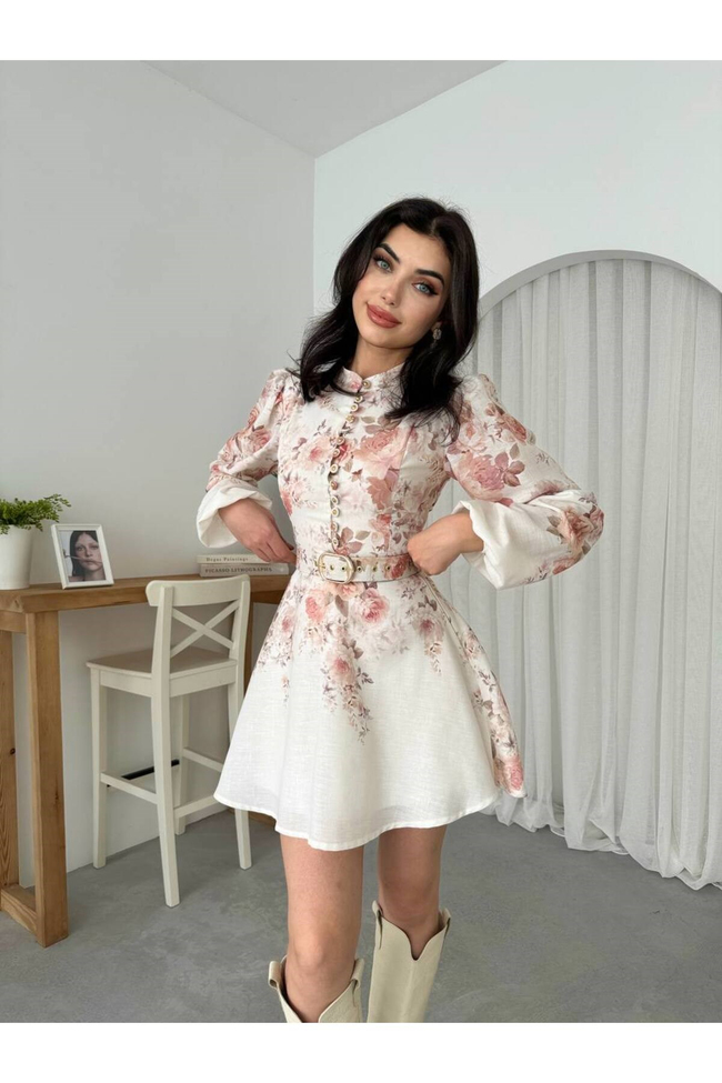 Kadın Çiçek Desenli Kemerli Mini Elbise