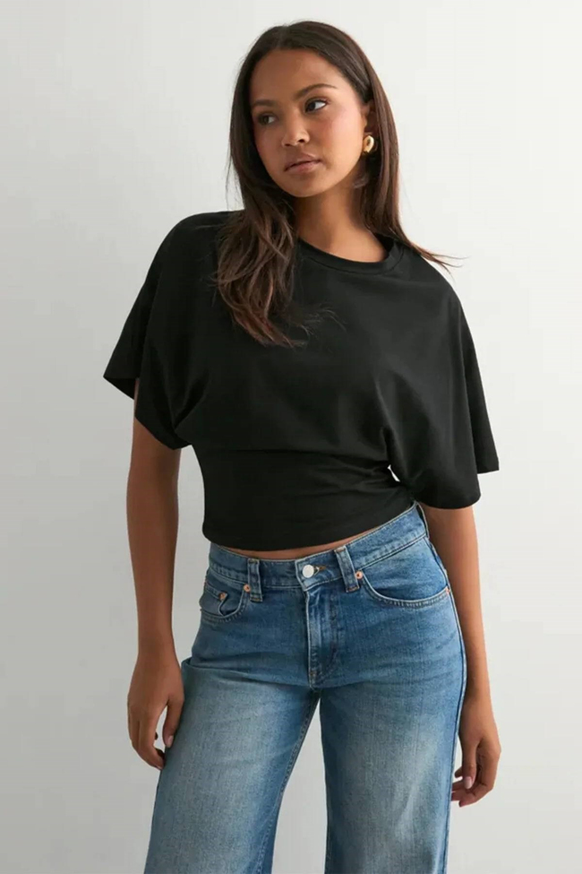 Kadın Crop Bluz-Belden Oturtmalı Oversize Yarasa Kol Günlük ve Şık Tasarım