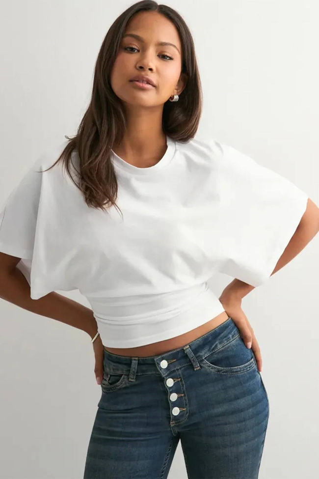 Kadın Crop Bluz-Belden Oturtmalı Oversize Yarasa Kol Günlük ve Şık Tasarım