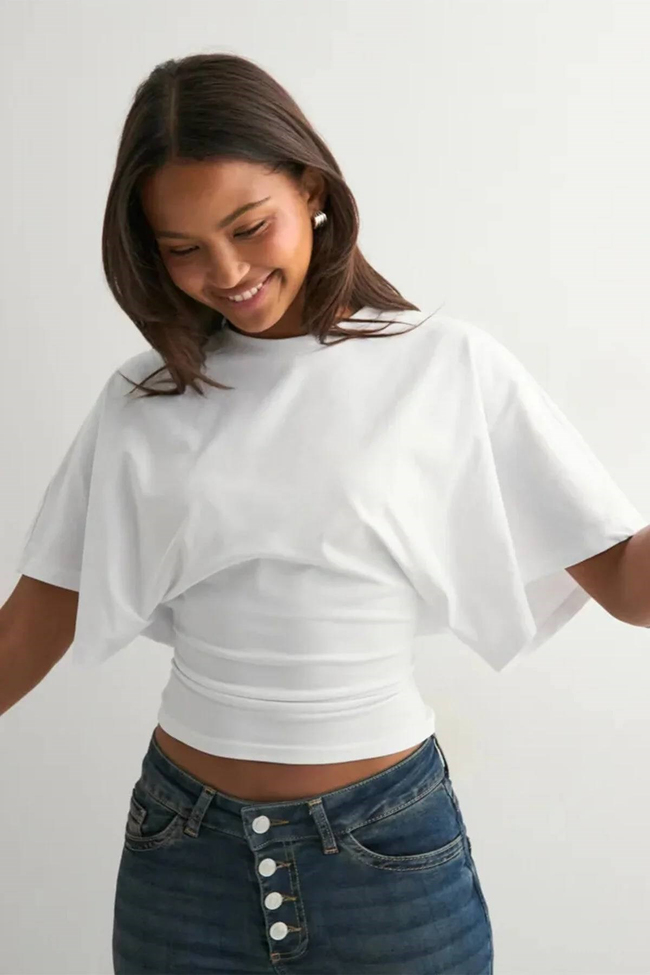 Kadın Crop Bluz-Belden Oturtmalı Oversize Yarasa Kol Günlük ve Şık Tasarım