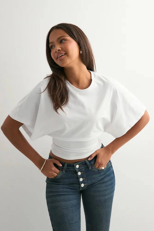 Kadın Crop Bluz-Belden Oturtmalı Oversize Yarasa Kol Günlük ve Şık Tasarım