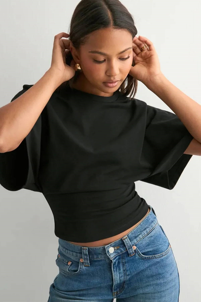 Kadın Crop Bluz-Belden Oturtmalı Oversize Yarasa Kol Günlük ve Şık Tasarım