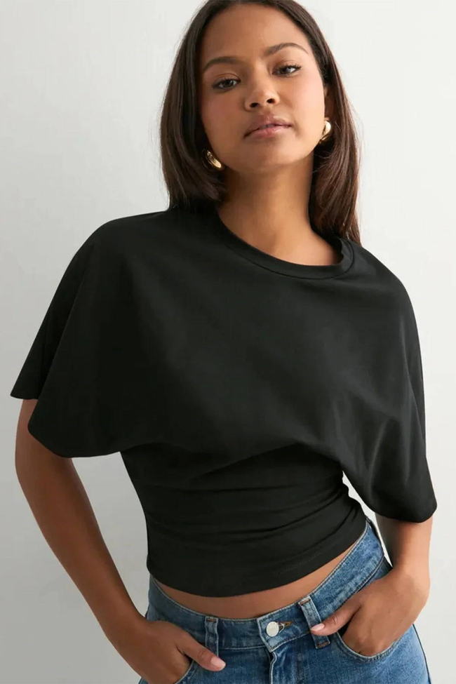 Kadın Crop Bluz-Belden Oturtmalı Oversize Yarasa Kol Günlük ve Şık Tasarım