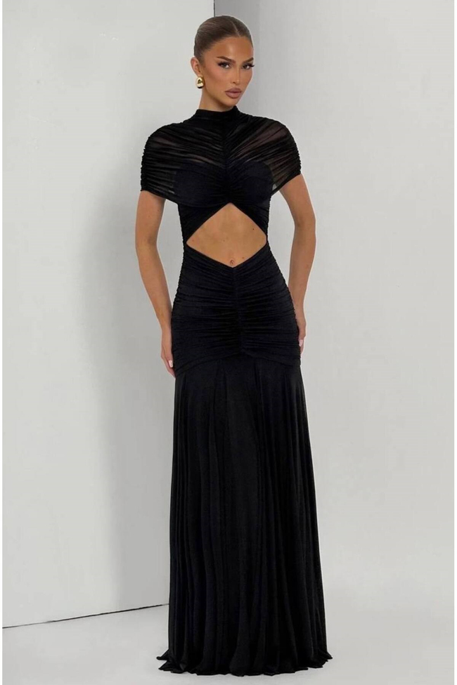 Kadın Full Likralı Tensel Tül Kumaş Içi Full Astarlı Gizli Fermuarlı Drape Detaylı Maxi Boy Abiye Elbise