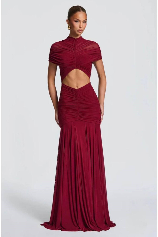 Kadın Full Likralı Tensel Tül Kumaş Içi Full Astarlı Gizli Fermuarlı Drape Detaylı Maxi Boy Abiye Elbise