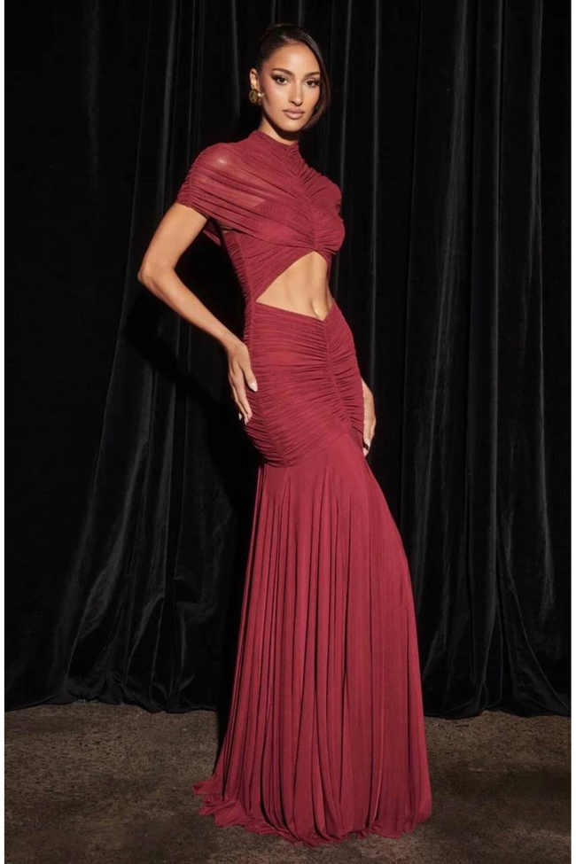 Kadın Full Likralı Tensel Tül Kumaş Içi Full Astarlı Gizli Fermuarlı Drape Detaylı Maxi Boy Abiye Elbise