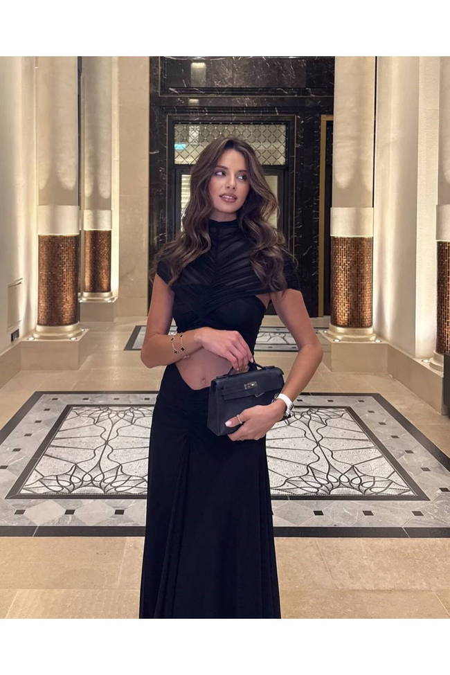 Kadın Full Likralı Tensel Tül Kumaş Içi Full Astarlı Gizli Fermuarlı Drape Detaylı Maxi Boy Abiye Elbise
