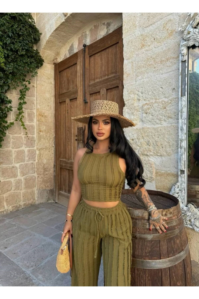 Kadın Kaşkorse Crop Top ve Bol Paça Pantolon İkili Takım