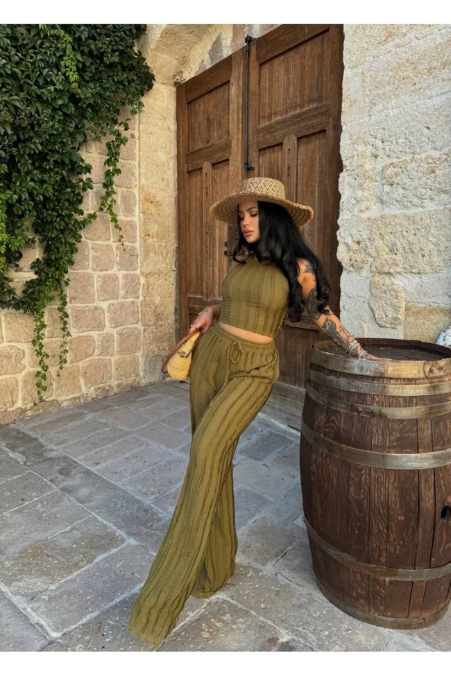 Kadın Kaşkorse Crop Top ve Bol Paça Pantolon İkili Takım