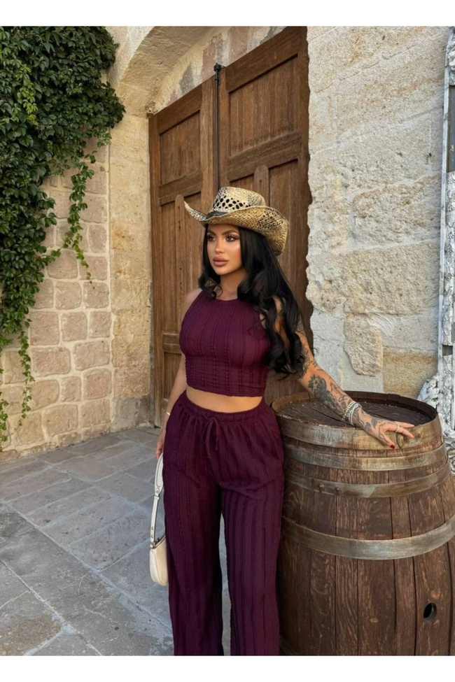 Kadın Kaşkorse Crop Top ve Bol Paça Pantolon İkili Takım