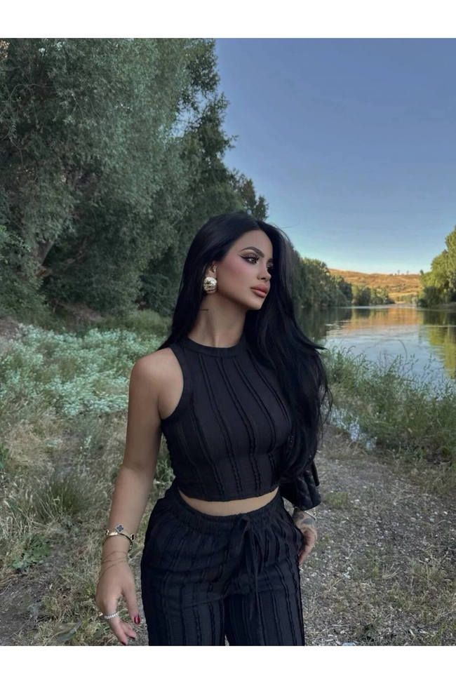 Kadın Kaşkorse Crop Top ve Bol Paça Pantolon İkili Takım