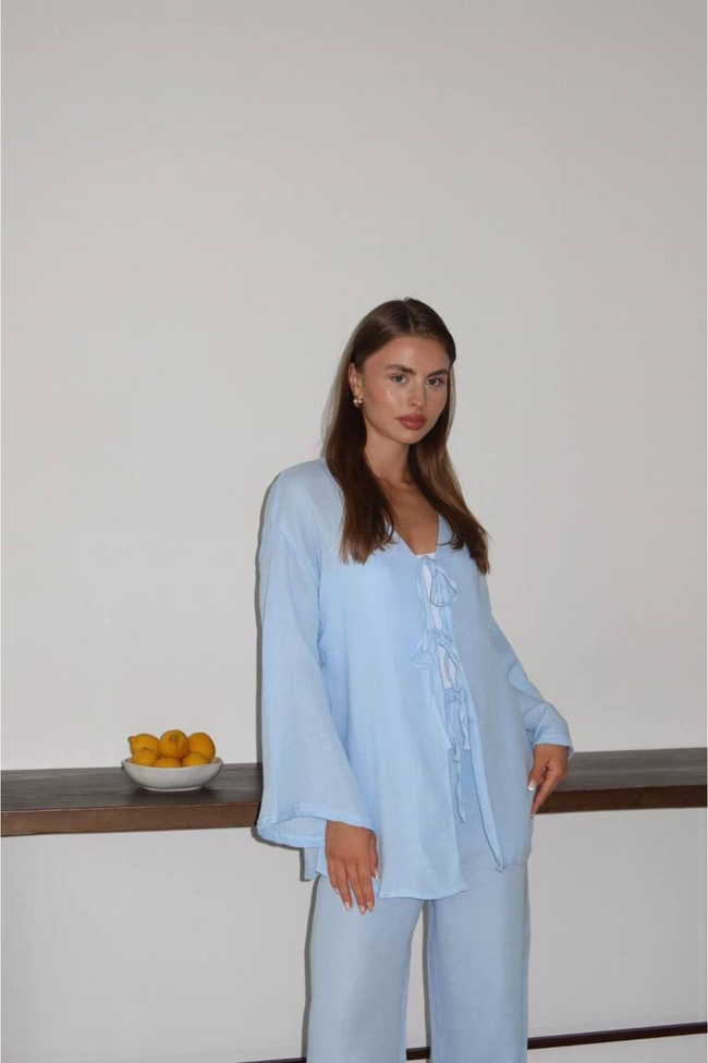 Kadın Müslin Kumaş Bağlama Detaylı Oversize Alt Üst Takım