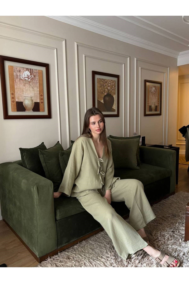 Kadın Müslin Kumaş Bağlama Detaylı Oversize Alt Üst Takım