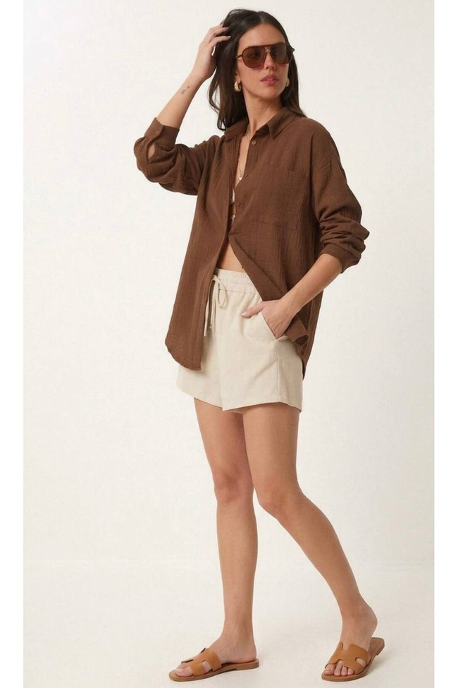 Kadın Müslin Kumaş Oversize Uzun Kollu Gömlek