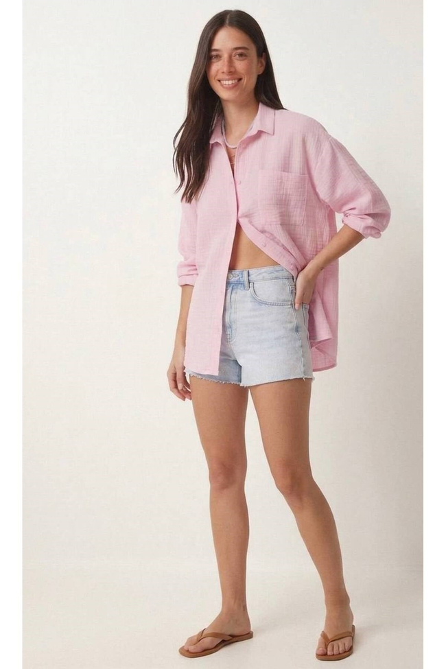Kadın Müslin Kumaş Oversize Uzun Kollu Gömlek