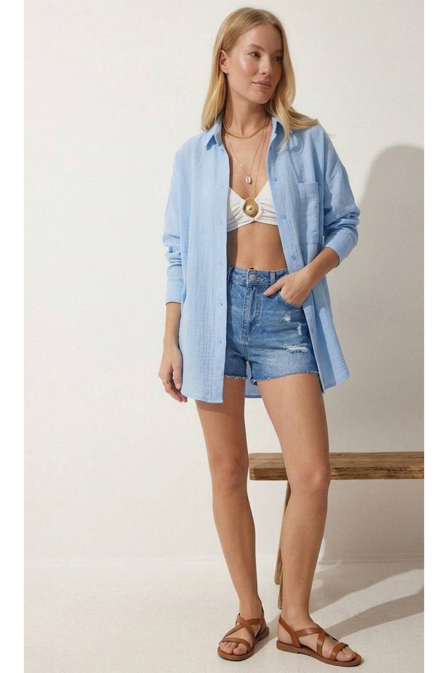 Kadın Müslin Kumaş Oversize Uzun Kollu Gömlek