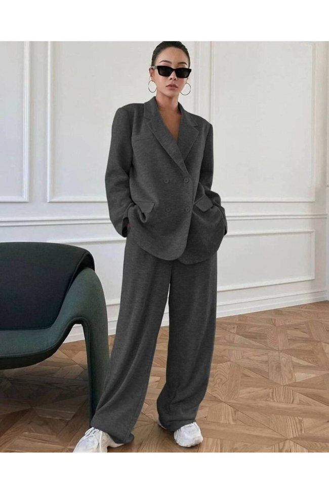 Kadın Oversize Blazer Ceketli Rahat Gri Eşofman Takım