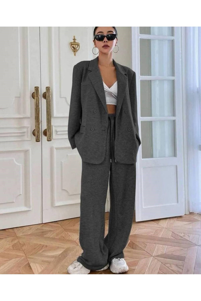 Kadın Oversize Blazer Ceketli Rahat Gri Eşofman Takım