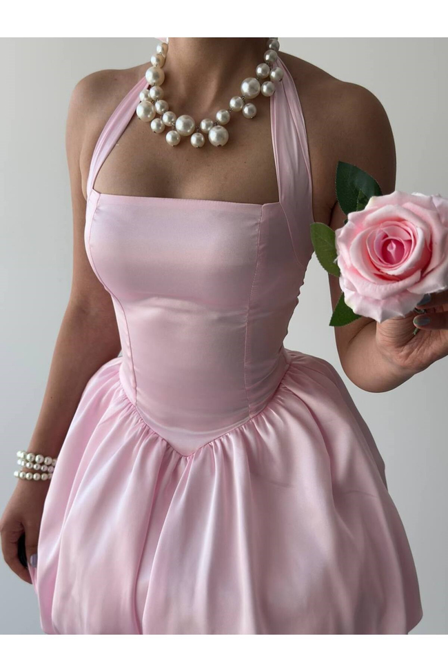 Kadın Saten Halter Yaka Balon Mini Elbise