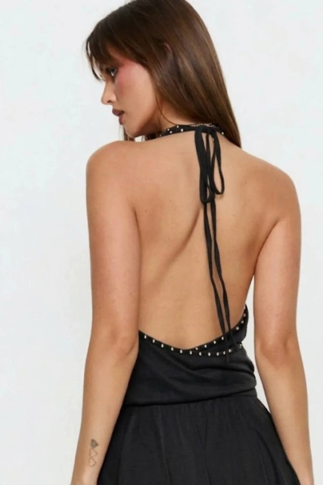 Kadın Siyah Derin V Yaka Drapeli Halter Mini Elbise