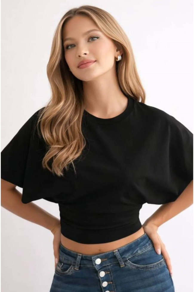Kadın Siyah Yarasa Kol Drapeli Crop Bluz