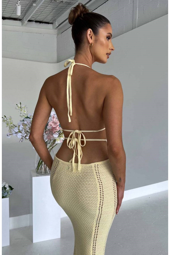Kadın Triko Halter Yaka Cut Out Maxi Elbise