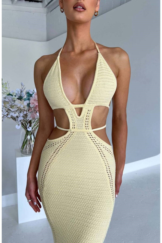 Kadın Triko Halter Yaka Cut Out Maxi Elbise