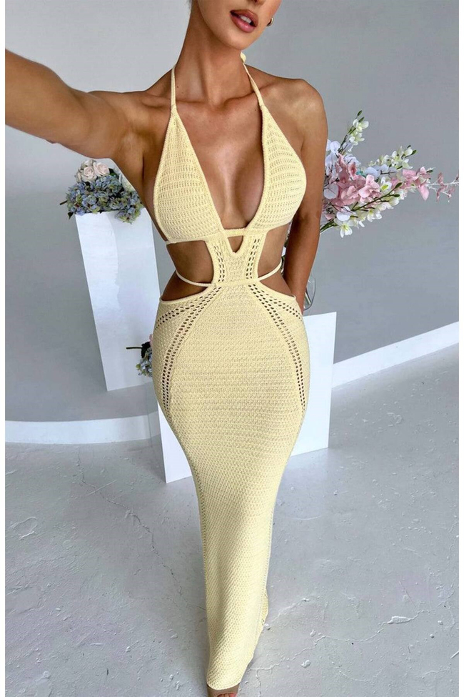 Kadın Triko Halter Yaka Cut Out Maxi Elbise