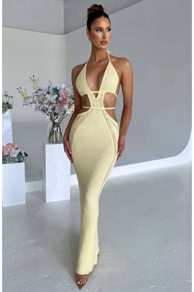 Kadın Triko Halter Yaka Cut Out Maxi Elbise