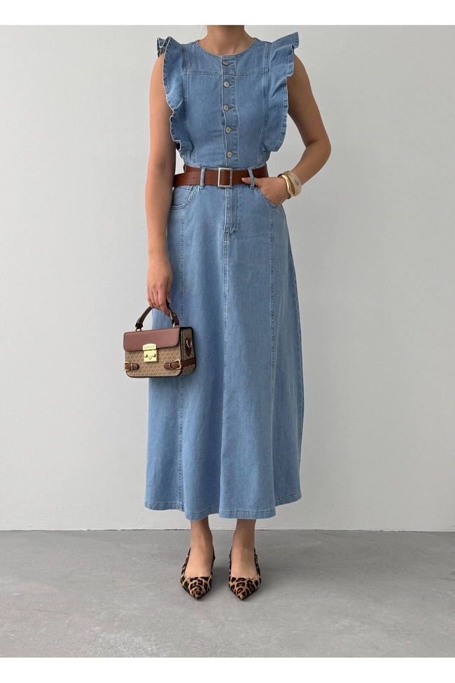 Kadın Vintage Stil Kuşaklı Kot Elbise