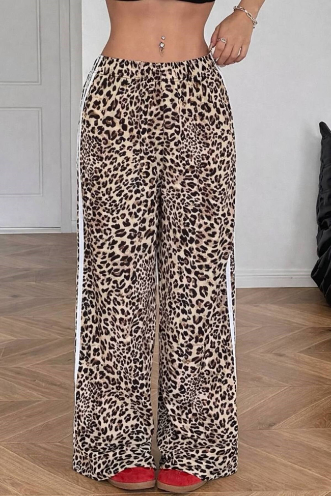 Kadın Yüksek Bel Leopar Desenli Yanı Şeritli Casual Pantolon