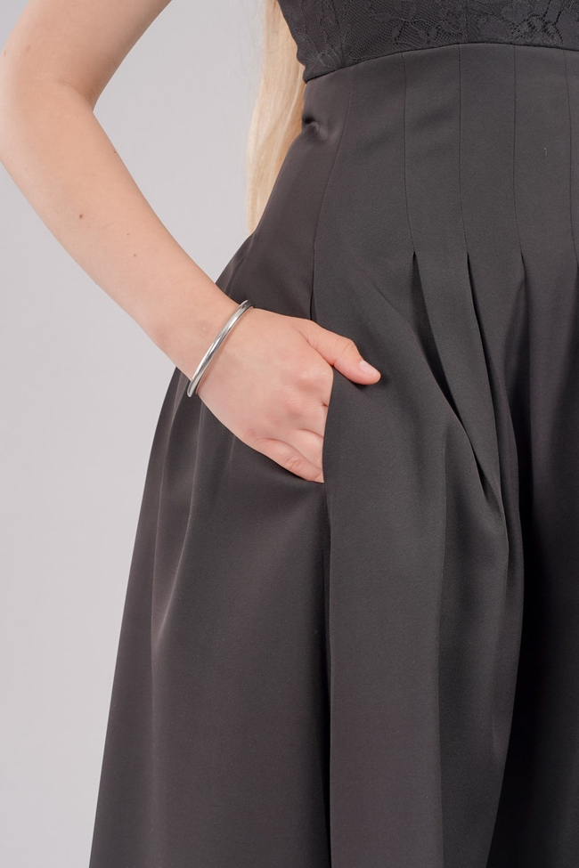 MAY REM Kadın Siyah Askılı Dantel Detaylı Pileli Midi Boy Prenses Model Abiye Elbise