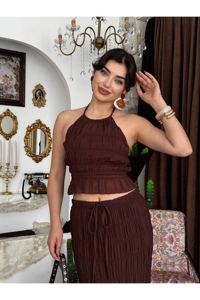 MAY REM Kadın Yazlık Beyaz Halter Yaka Maxi Etek Takım