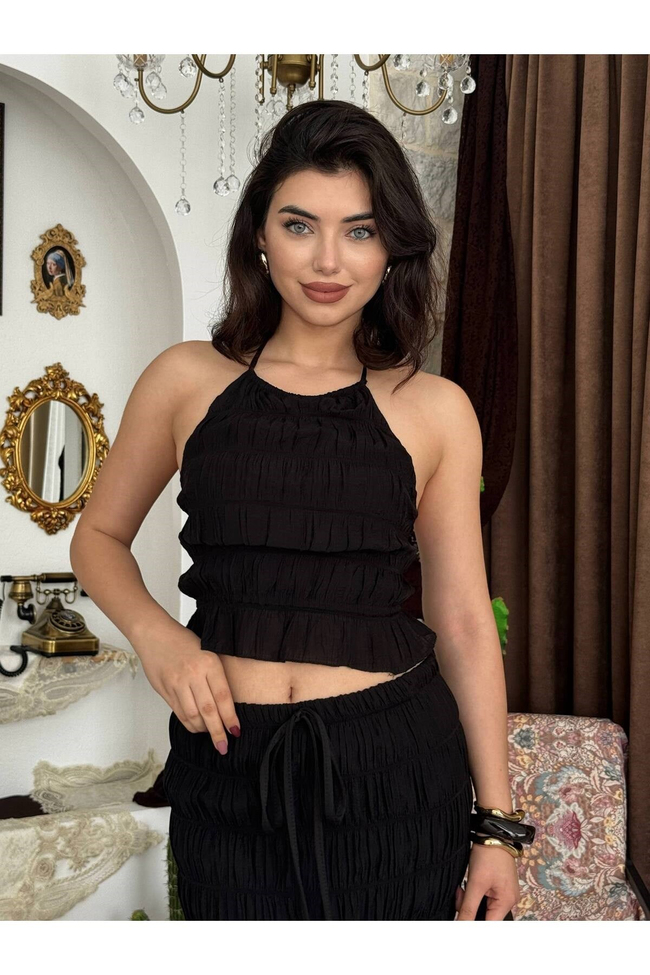 MAY REM Kadın Yazlık Beyaz Halter Yaka Maxi Etek Takım