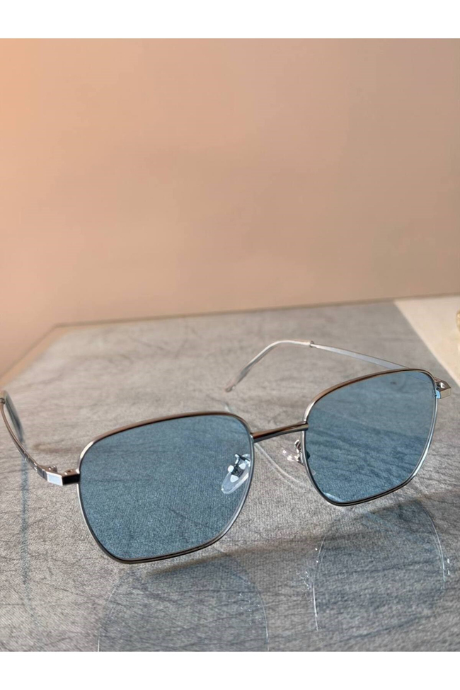 Unisex Mavi Camlı Kare Metal Çerçeveli Hafif Güneş Gözlüğü - Füme Tonlu