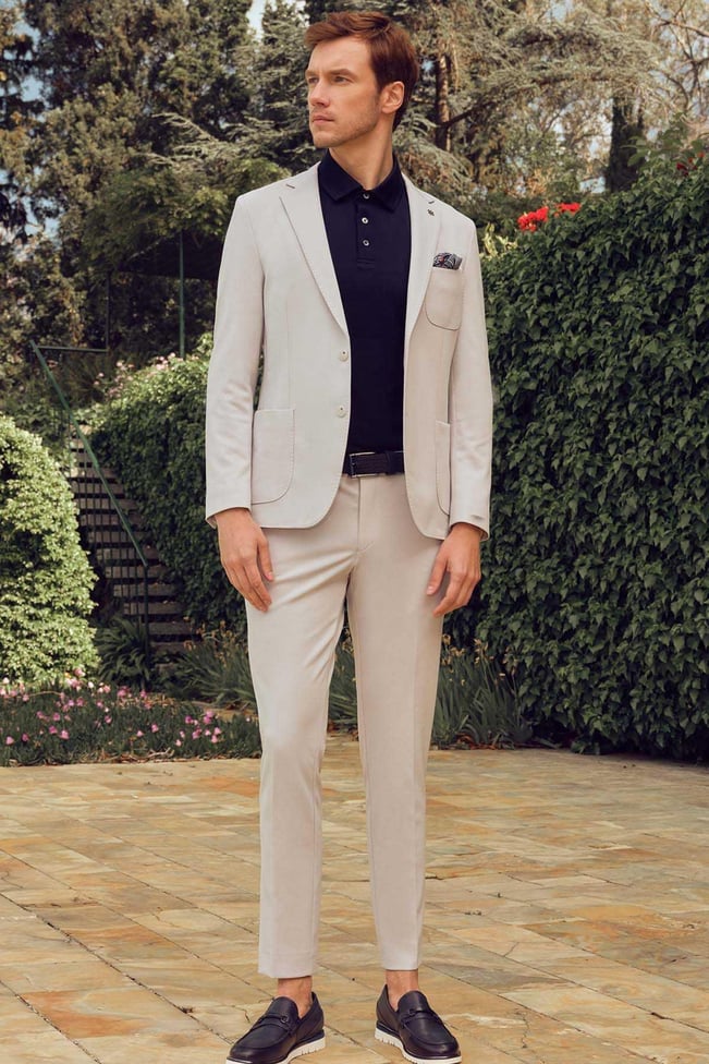 Morven Erkek Gri Poliviskon Trend Desenli Slim Fit Mono Yaka Takım Elbise