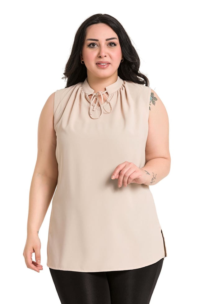 Plus Size Sleeveless Beige Blouse with Tie-Down Collar High Collar and Side Slits