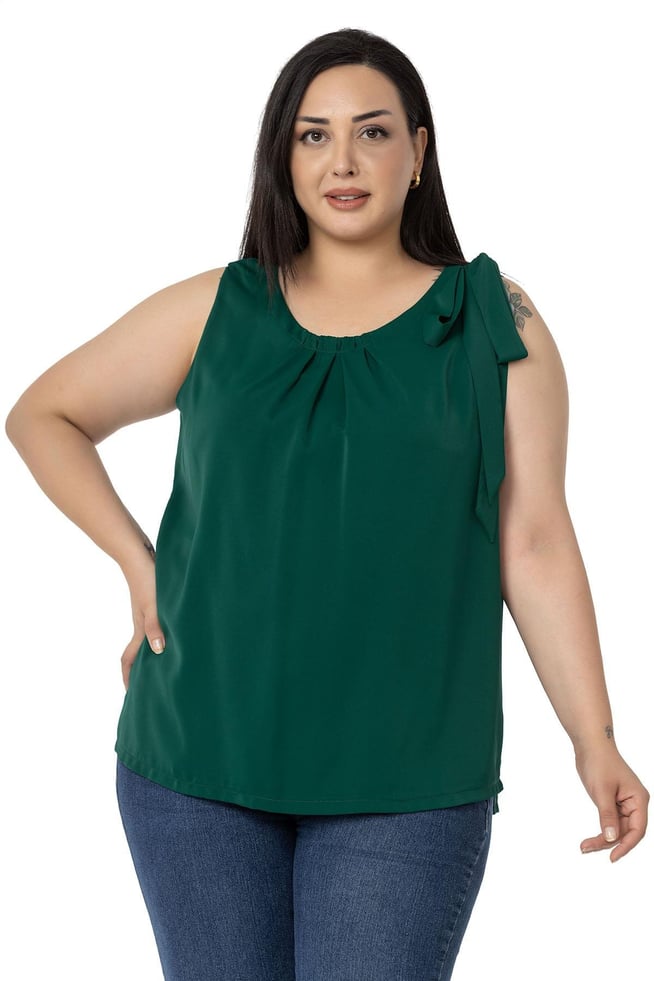 Plus Size Pleated Collar Shoulder Ribbon Detail Lined Sleeveless Emerald Blouse