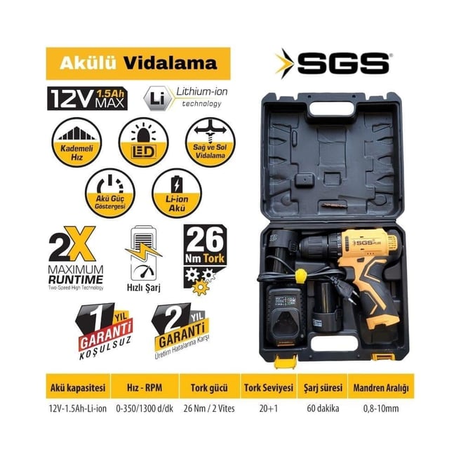 SGS Akülü Vidalama Seti 12 Volt (1.5Ah)