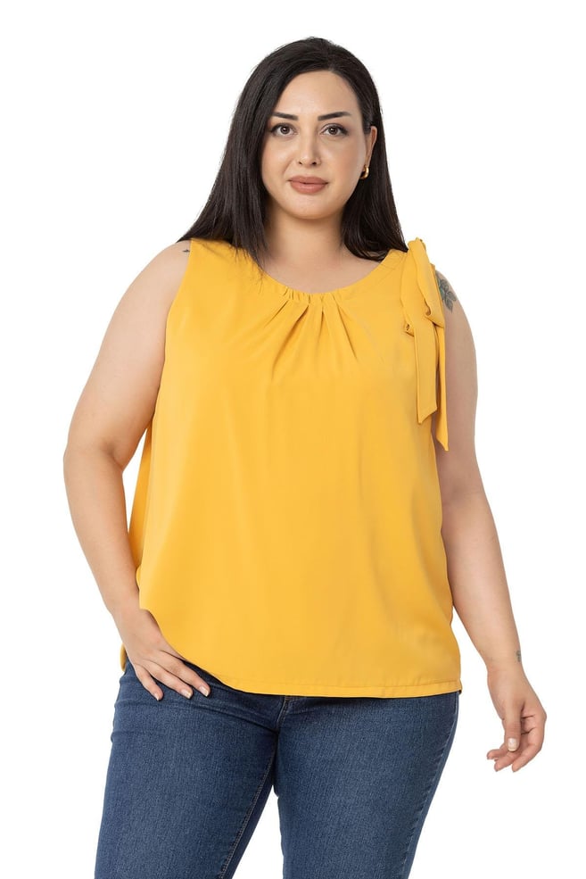 Plus Size Pleated Collar Shoulder Ribbon Detail Lined Sleeveless Mustard Blouse