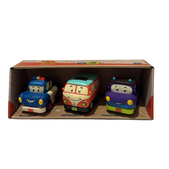 B.Toys 3'lü Mini Çek-Bırak Araba Seti - Polis/Retro Van/Jeep