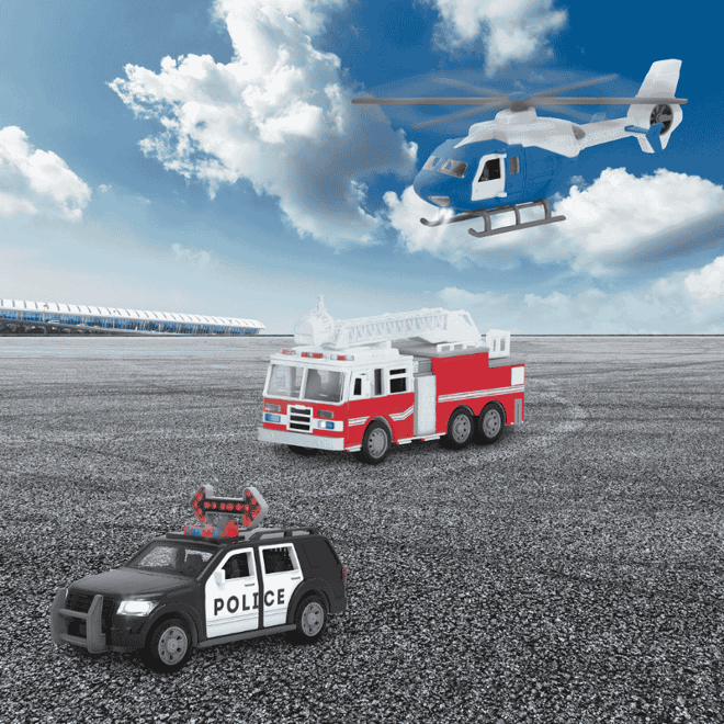 Driven 3'lü Set - Helikopter, Polis Arabası, İtfaiye Arabası