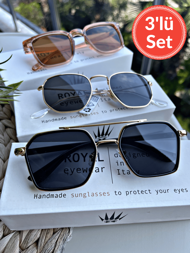 Üçlü Set Siyah&Rose Güneş Gözlüğü Kadın & Erkek UV400 Cam Orjinal CE Belgeli