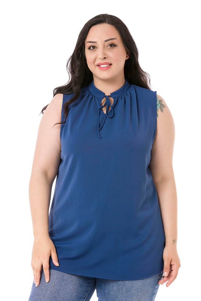 Plus Size Sleeveless İndigo Blouse with Tie-Down Collar High Collar and Side Slits