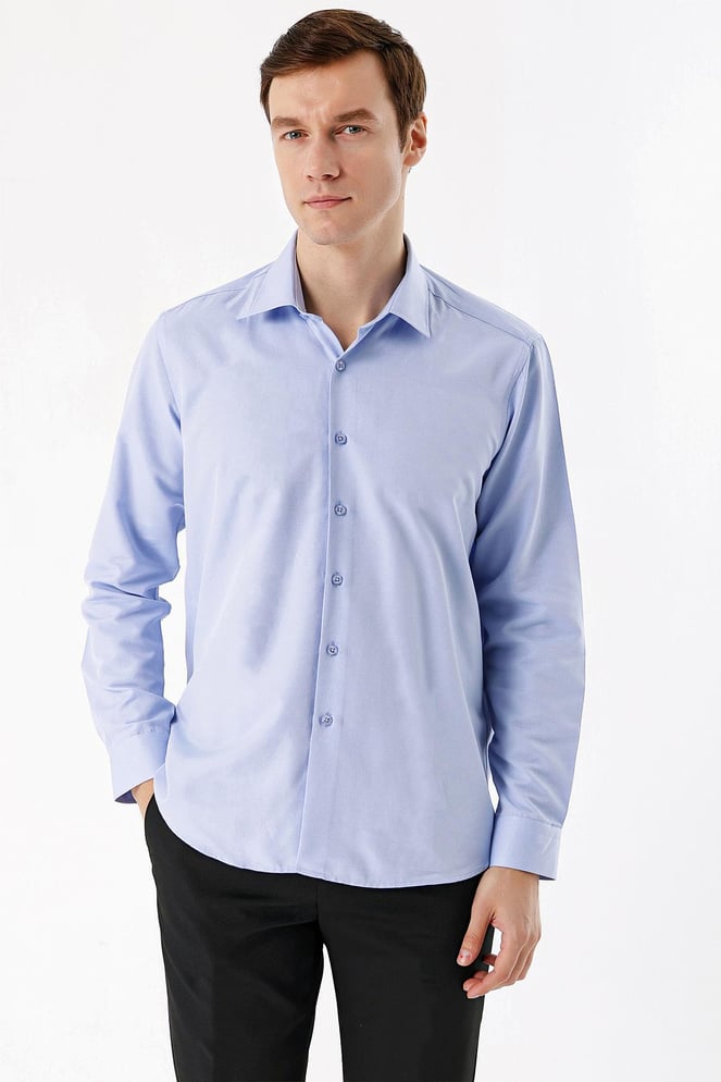 Erkek Mavi Slim Fit Dar Kesim Düz Sert Yaka Uzun Kollu Gömlek