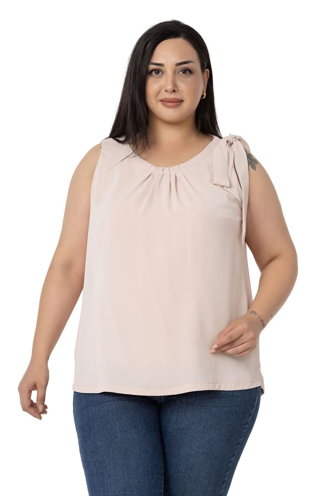 Plus Size Pleated Collar Shoulder Ribbon Detail Lined Sleeveless Light Pink Blouse