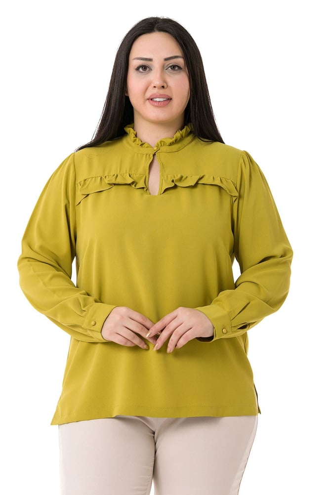 Plus Size Pistachio Blouse with Frill Detail on Collar and Chest and Slits on the Side