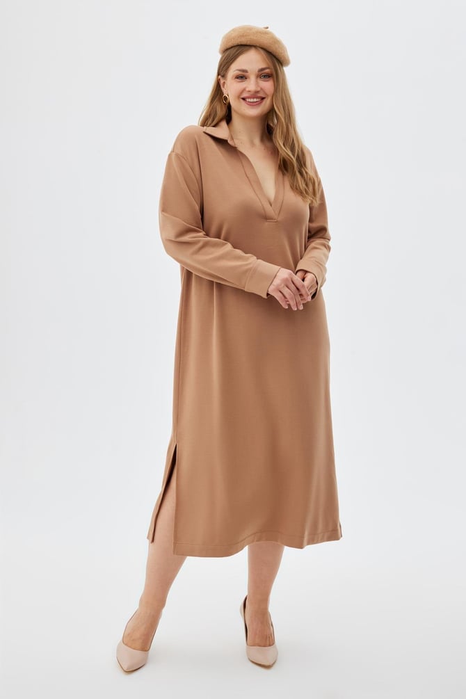 CARMEN Rahat Kalıp Polo Yaka Midi Elbise Taba
