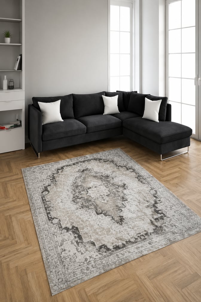 Halı ile Minimal Yaşam Alanları Nostalji Seri Gri Klasik Motifli Halı
